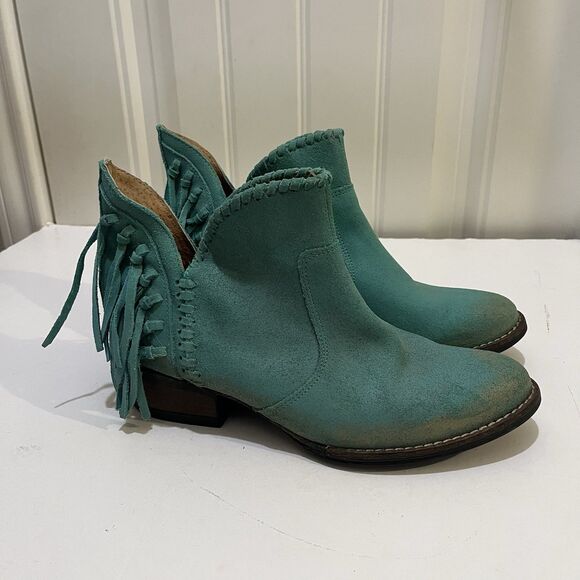 Circle G Turquoise Leather Fringe Ankle Western Cowboy Boot Womens Size 8M - Picture 1 of 11